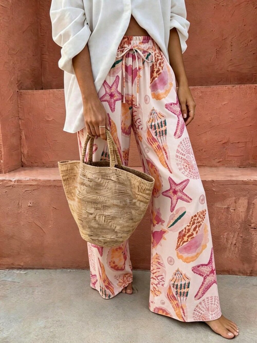 Pink Boho Women's High Waist Wide Leg Starfish Print Trousers